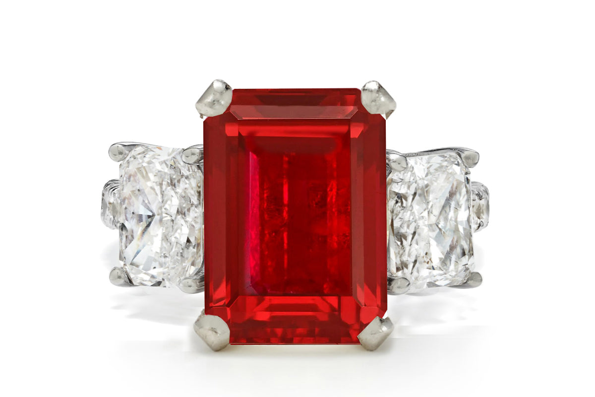 506 custom made unique emerald cut ruby center stone and asscher cut diamond accents three stone engagement ring