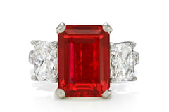 506 custom made unique emerald cut ruby center stone and asscher cut diamond accents three stone engagement ring