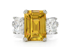 506 custom made unique emerald cut yellow sapphire center stone and asscher cut diamond accents three stone engagement ring