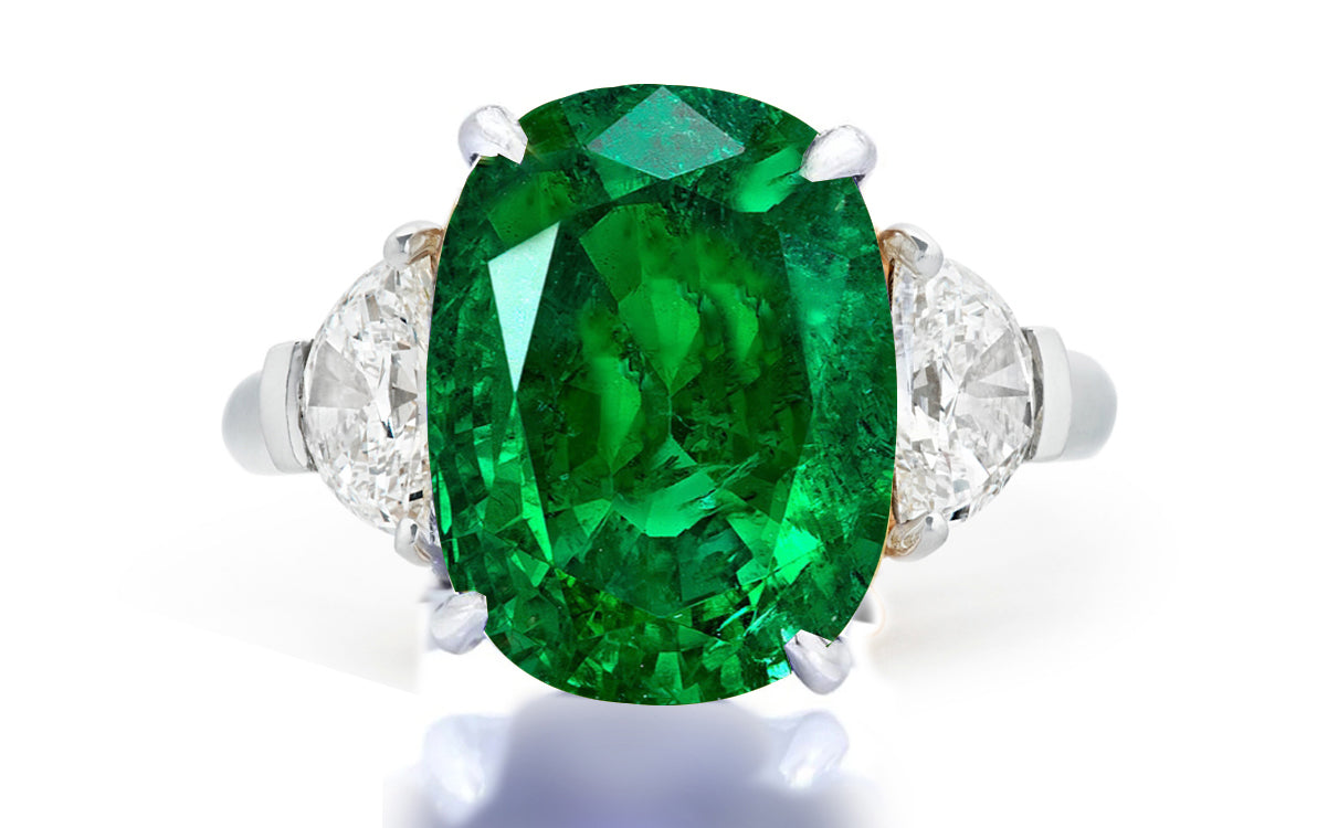 508 custom made unique oval emerald center stone and half moon diamond accent three stone engagement ring