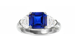 509 custom made unique asscher cut blue sapphire center stone and heart diamond accent three stone engagement ring