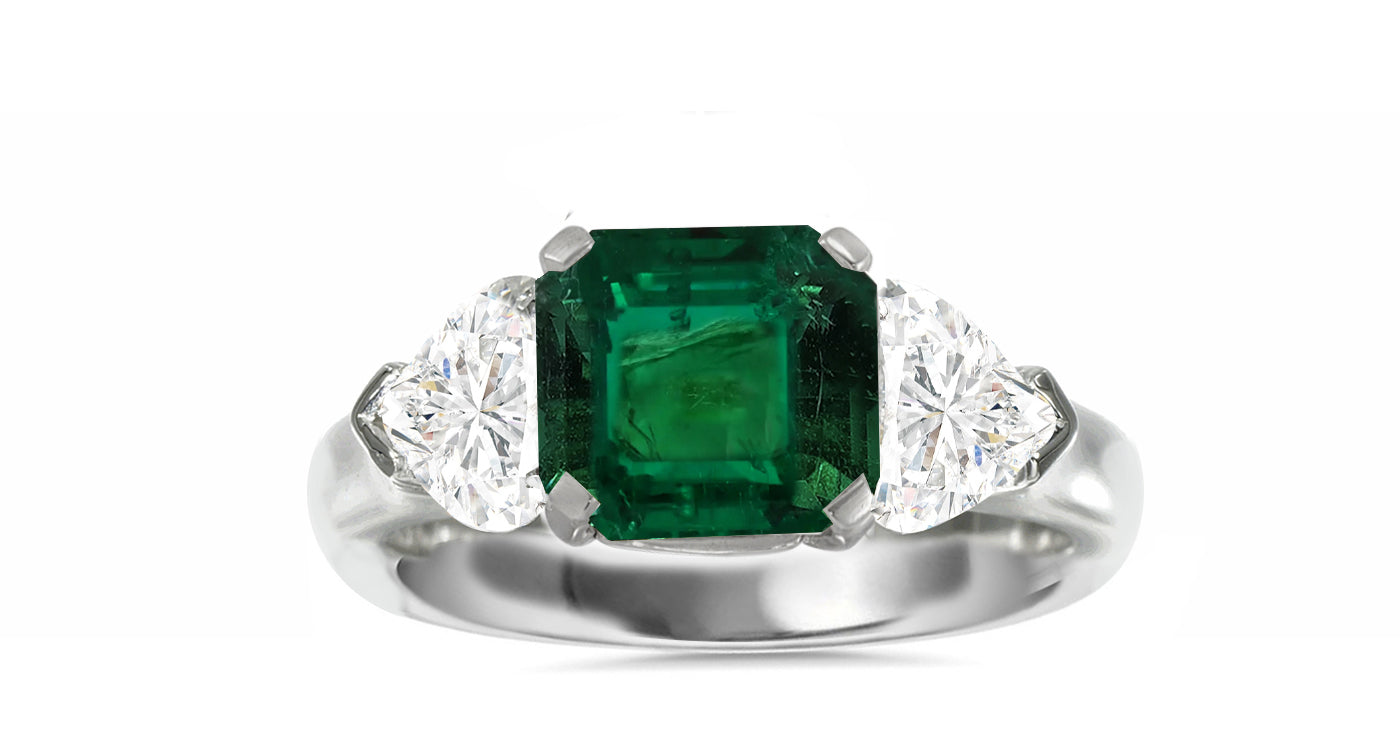 509 custom made unique asscher cut emerald center stone and heart diamond accent three stone engagement ring