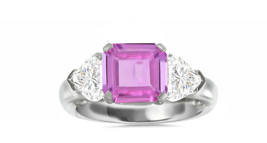 509 custom made unique asscher cut pink sapphire center stone and heart diamond accent three stone engagement ring