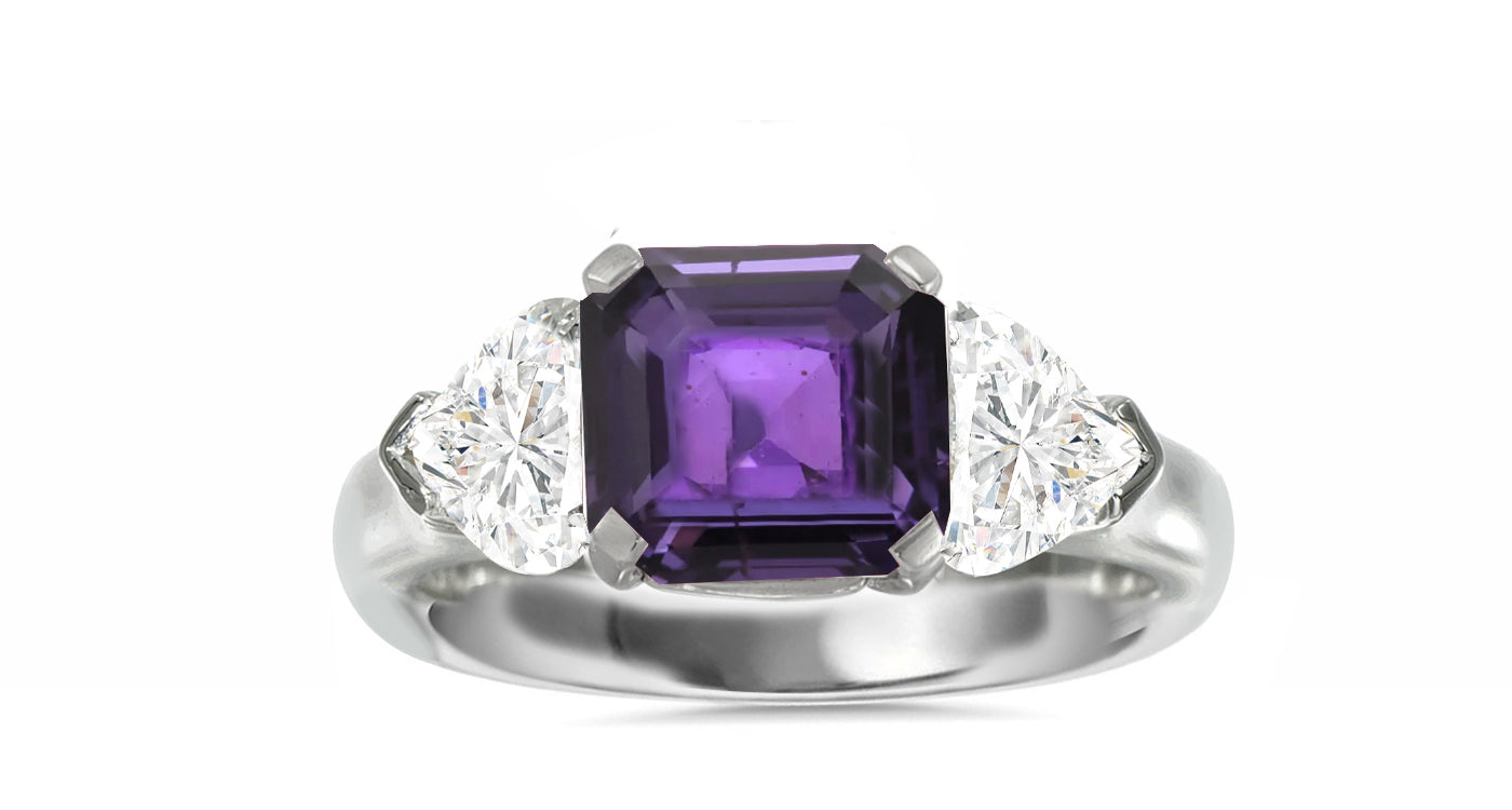 509 custom made unique asscher cut purple sapphire center stone and heart diamond accent three stone engagement ring