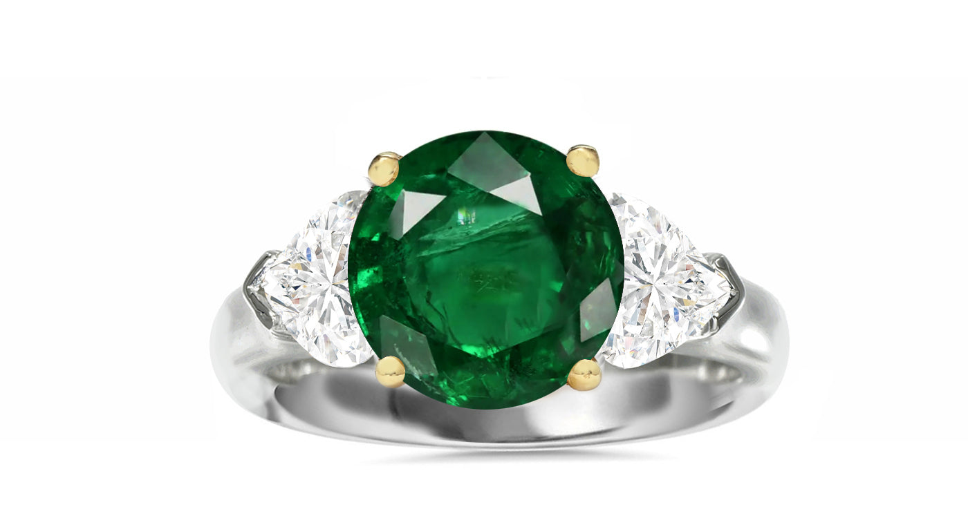 510 custom made unique round emerald center stone and heart diamond accent three stone engagement ring