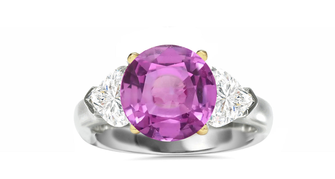 510 custom made unique round pink sapphire center stone and heart diamond accent three stone engagement ring