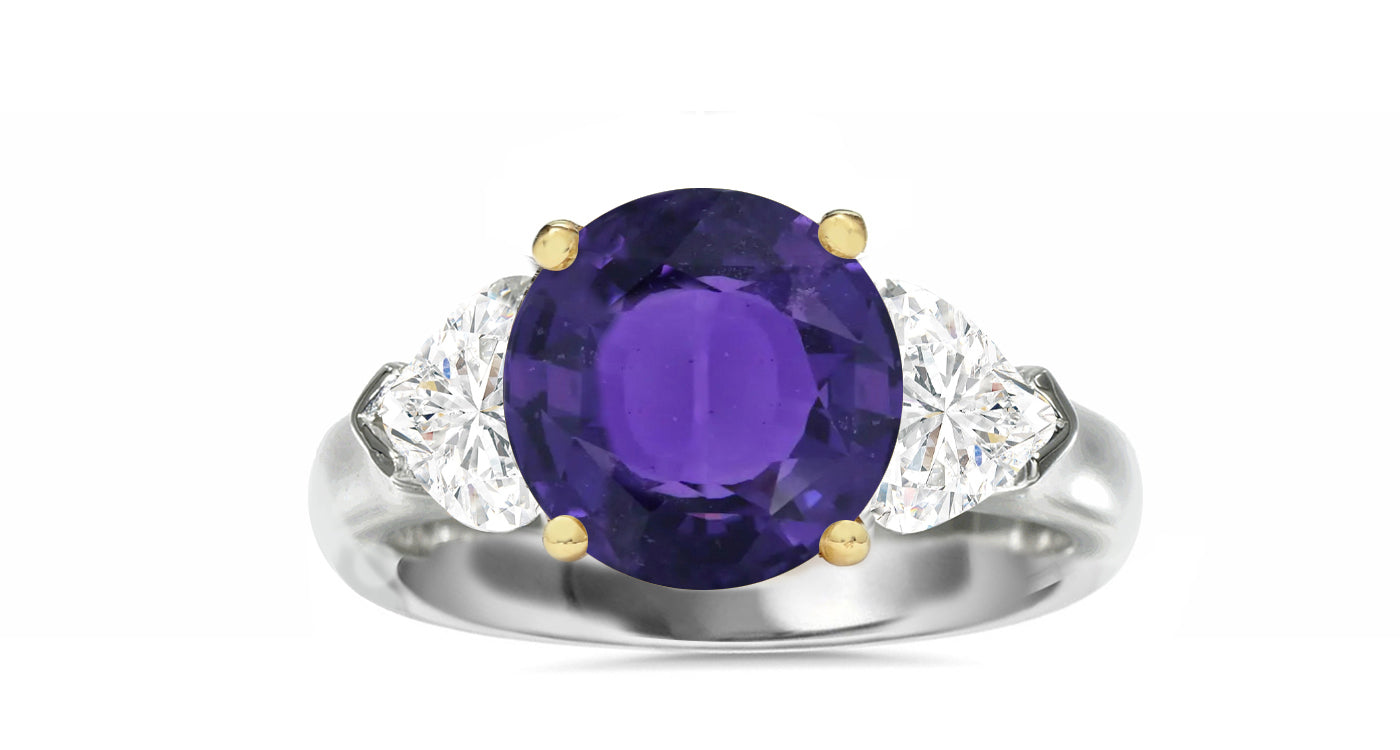 510 custom made unique round purple sapphire center stone and heart diamond accent three stone engagement ring