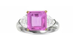 511 custom made unique square pink sapphire center stone and heart diamond accent three stone engagement ring