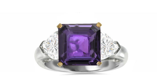 511 custom made unique square purple sapphire center stone and heart diamond accent three stone engagement ring