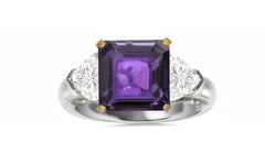 511 custom made unique square purple sapphire center stone and heart diamond accent three stone engagement ring