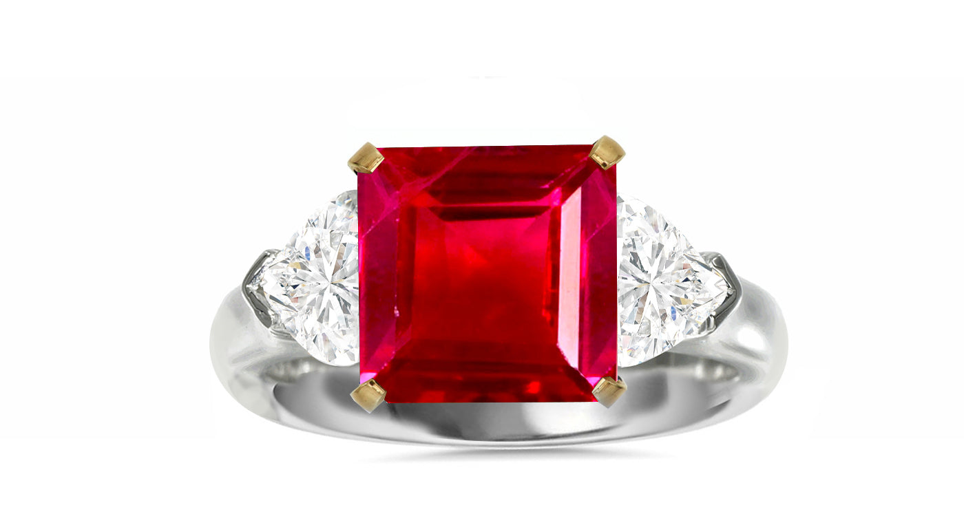 511 custom made unique square ruby center stone and heart diamond accent three stone engagement ring