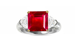 511 custom made unique square ruby center stone and heart diamond accent three stone engagement ring