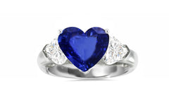 512 custom made unique heart blue sapphire center stone and heart diamond accent three stone engagement ring