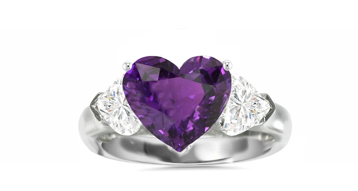 512 custom made unique heart purple sapphire center stone and heart diamond accent three stone engagement ring