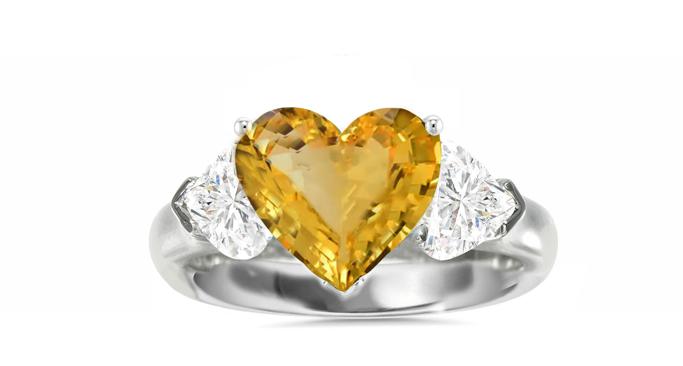 512 custom made unique heart yellow sapphire center stone and heart diamond accent three stone engagement ring