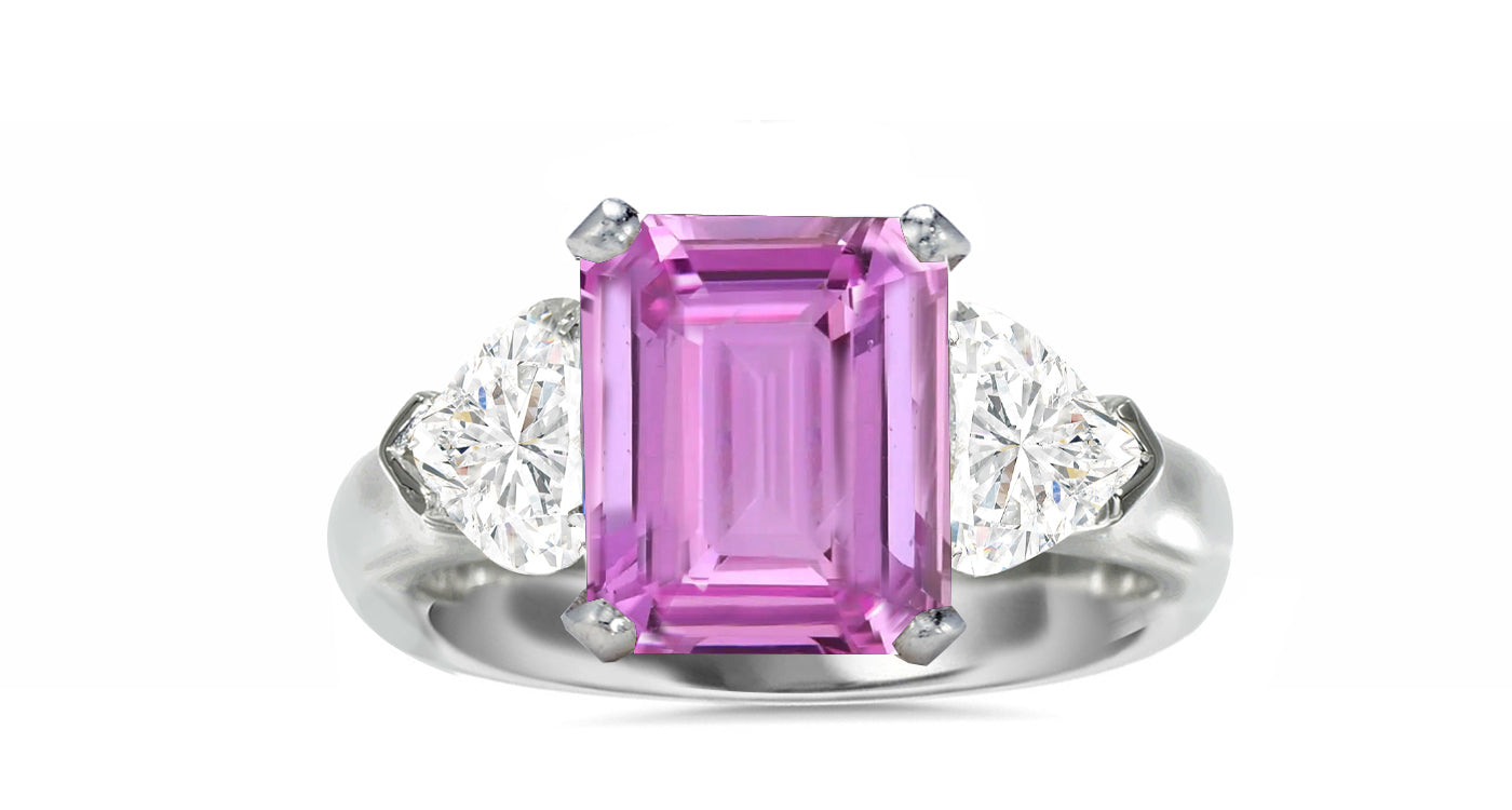 513 custom made unique emerald cut pink sapphire center stone and heart diamond accent three stone engagement ring