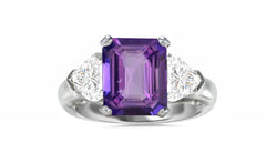 513 custom made unique emerald cut purple sapphire center stone and heart diamond accent three stone engagement ring