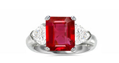 513 custom made unique emerald cut ruby center stone and heart diamond accent three stone engagement ring