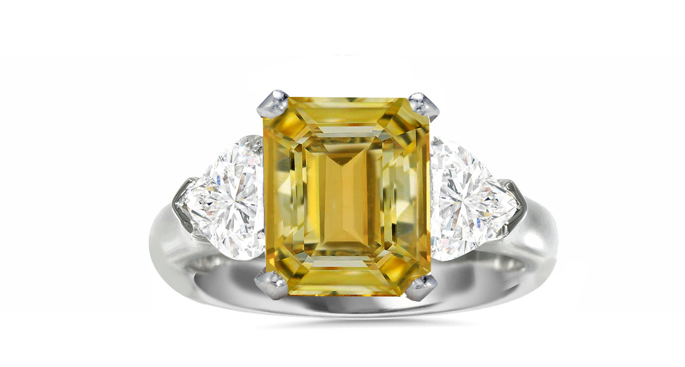 513 custom made unique emerald cut yellow sapphire center stone and heart diamond accent three stone engagement ring