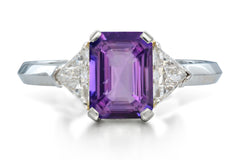 515 custom made unique emerald cut purple sapphire center stone and trillion diamond accent three stone engagement ring