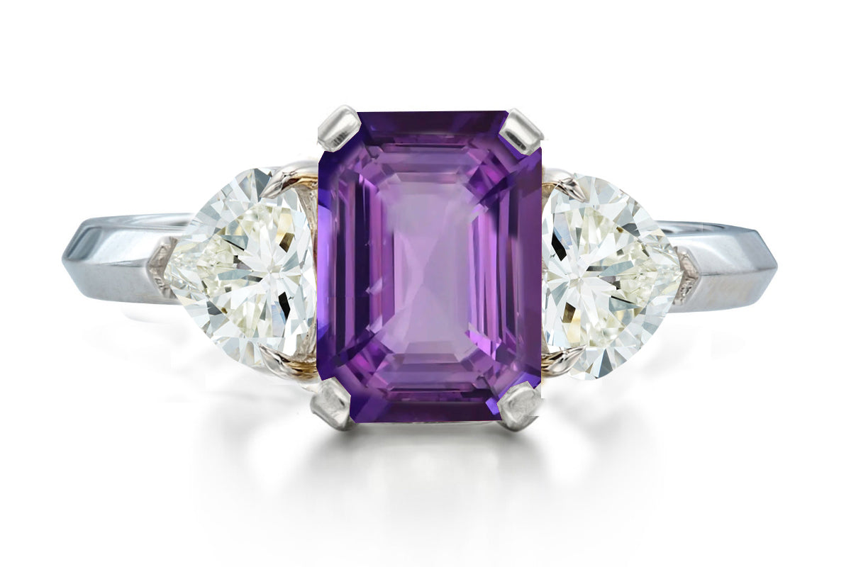 517 custom made unique emerald cut purple sapphire center stone and heart diamond accent three stone engagement ring