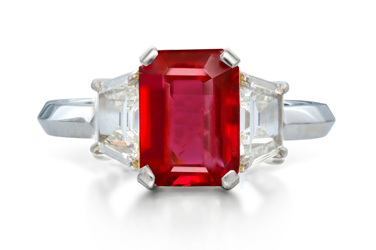 518 custom made unique emerald cut ruby center stone and trapezoid diamond accent three stone engagement ring