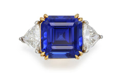 519 custom made unique asscher cut blue sapphire center stone and trillion diamond accent three stone engagement ring