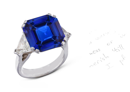 52 custom made unique square asscher cut blue sapphire center stone with trillion diamond accents three stone engagement ring