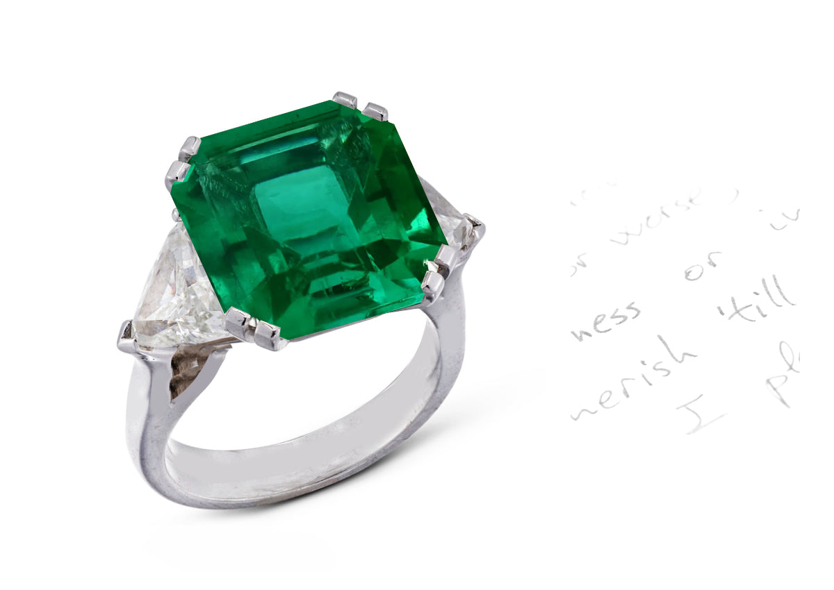 52 custom made unique square asscher cut emerald center stone with trillion diamond accents three stone engagement ring