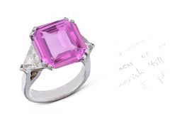 52 custom made unique square asscher cut pink sapphire center stone with trillion diamond accents three stone engagement ring