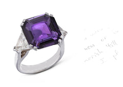 52 custom made unique square asscher cut purple sapphire center stone with trillion diamond accents three stone engagement ring