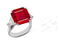 52 custom made unique square asscher cut ruby center stone with trillion diamond accents three stone engagement ring