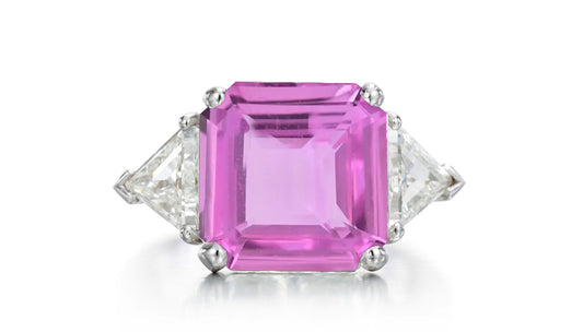 520 custom made unique asscher cut pink sapphire center stone and trillion diamond accent three stone engagement ring