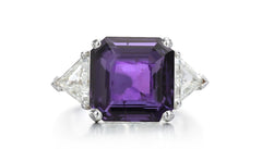 520 custom made unique asscher cut purple sapphire center stone and trillion diamond accent three stone engagement ring