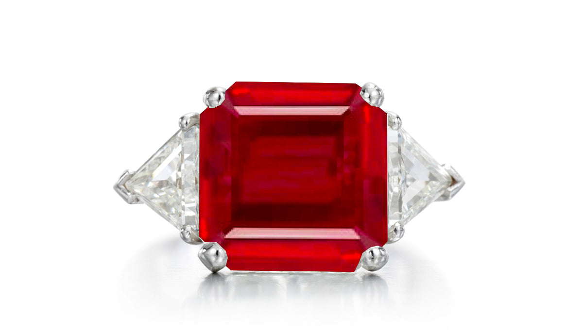 520 custom made unique asscher cut ruby center stone and trillion diamond accent three stone engagement ring