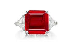 520 custom made unique asscher cut ruby center stone and trillion diamond accent three stone engagement ring