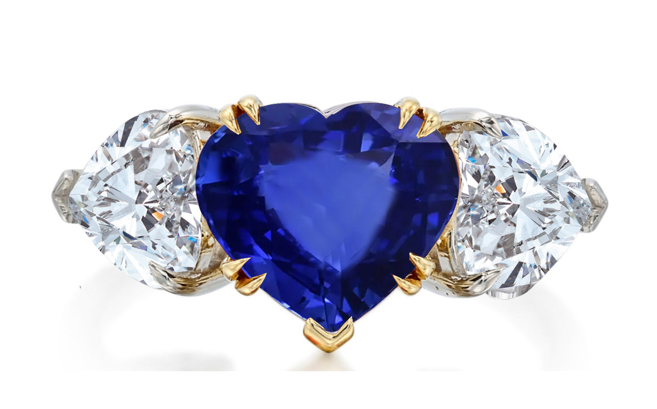 521 custom made unique heart blue sapphire center stone and heart diamond accent three stone engagement ring