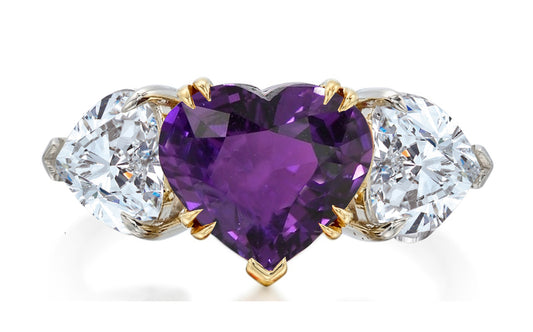 521 custom made unique heart purple sapphire center stone and heart diamond accent three stone engagement ring