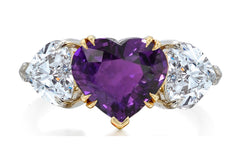 521 custom made unique heart purple sapphire center stone and heart diamond accent three stone engagement ring