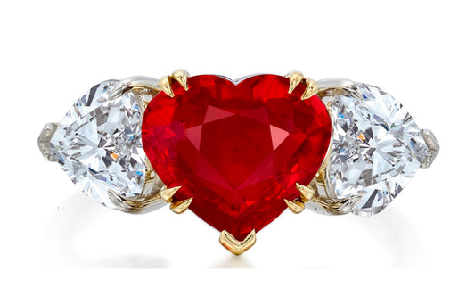 521 custom made unique heart ruby center stone and heart diamond accent three stone engagement ring