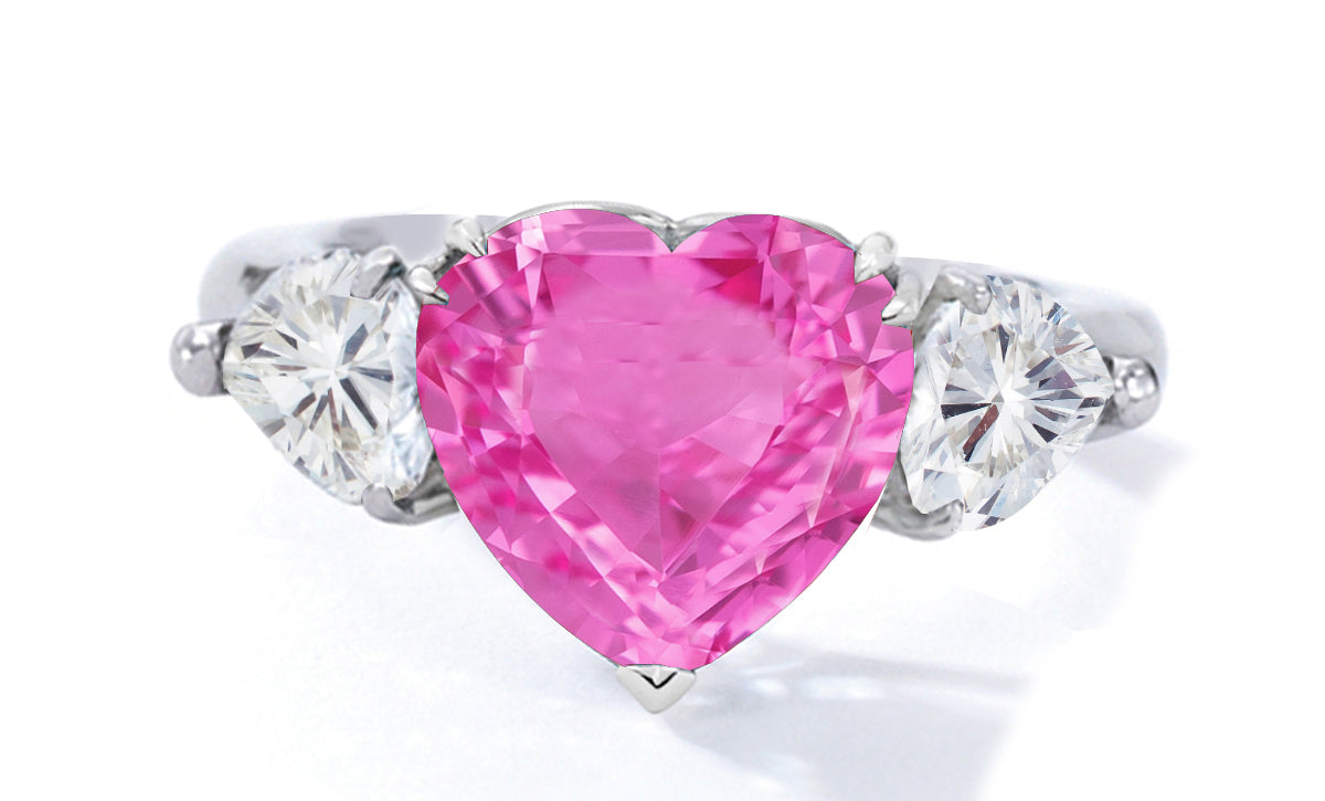 522 custom made unique heart pink sapphire center stone and heart diamond accent three stone engagement ring