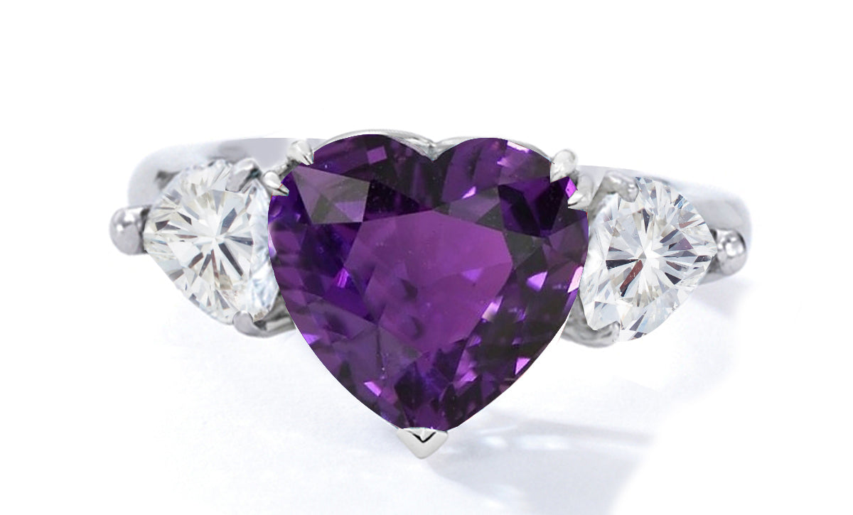 522 custom made unique heart purple sapphire center stone and heart diamond accent three stone engagement ring