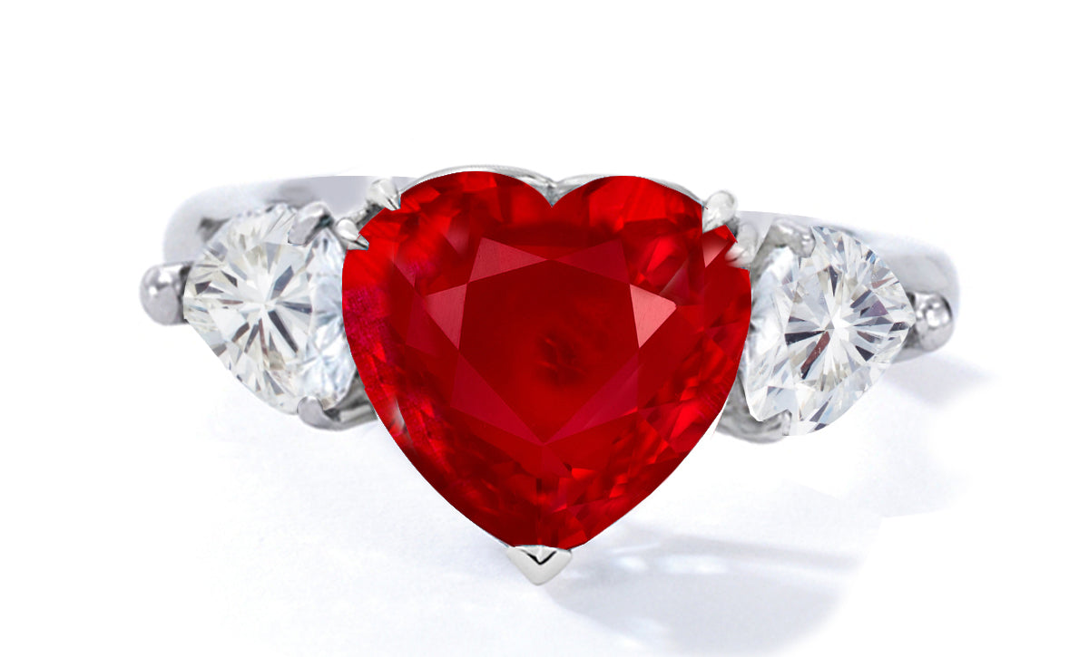 522 custom made unique heart ruby center stone and heart diamond accent three stone engagement ring