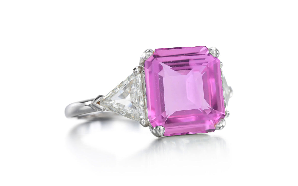 525 custom made unique asscher cut pink sapphire center stone and trillion diamond accent three stone engagement ring