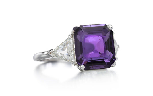 525 custom made unique asscher cut purple sapphire center stone and trillion diamond accent three stone engagement ring