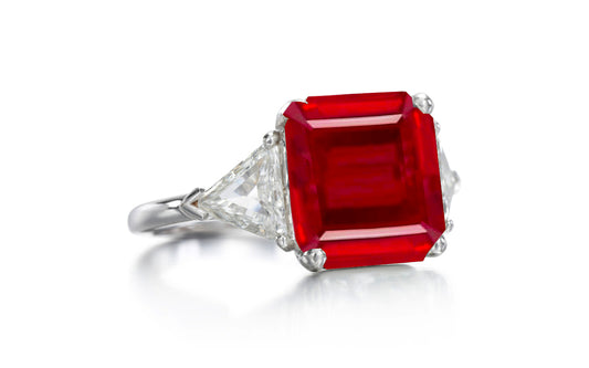 525 custom made unique asscher cut ruby center stone and trillion diamond accent three stone engagement ring