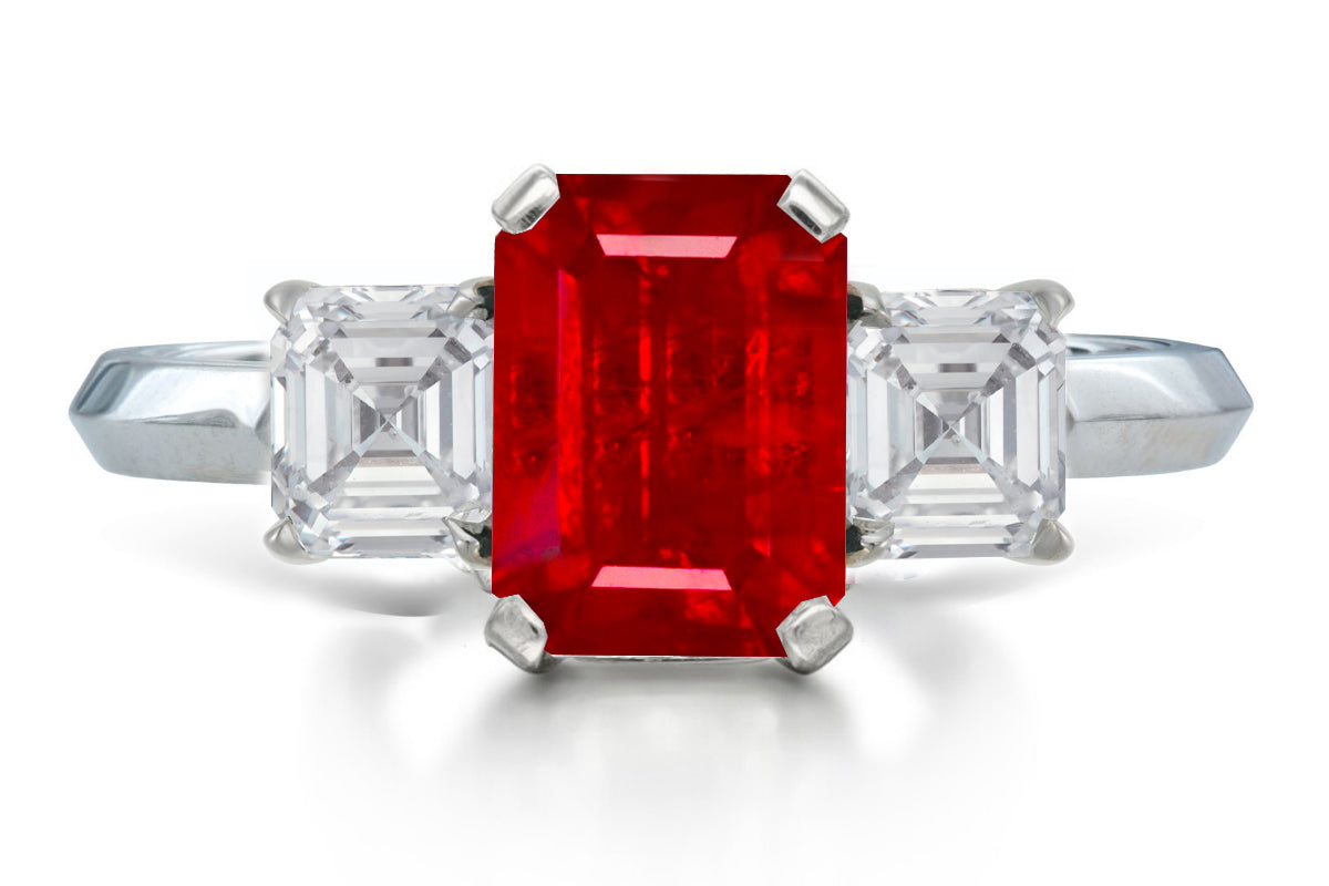 526 custom made unique emerald cut ruby center stone and asccher cut diamond accent three stone engagement ring