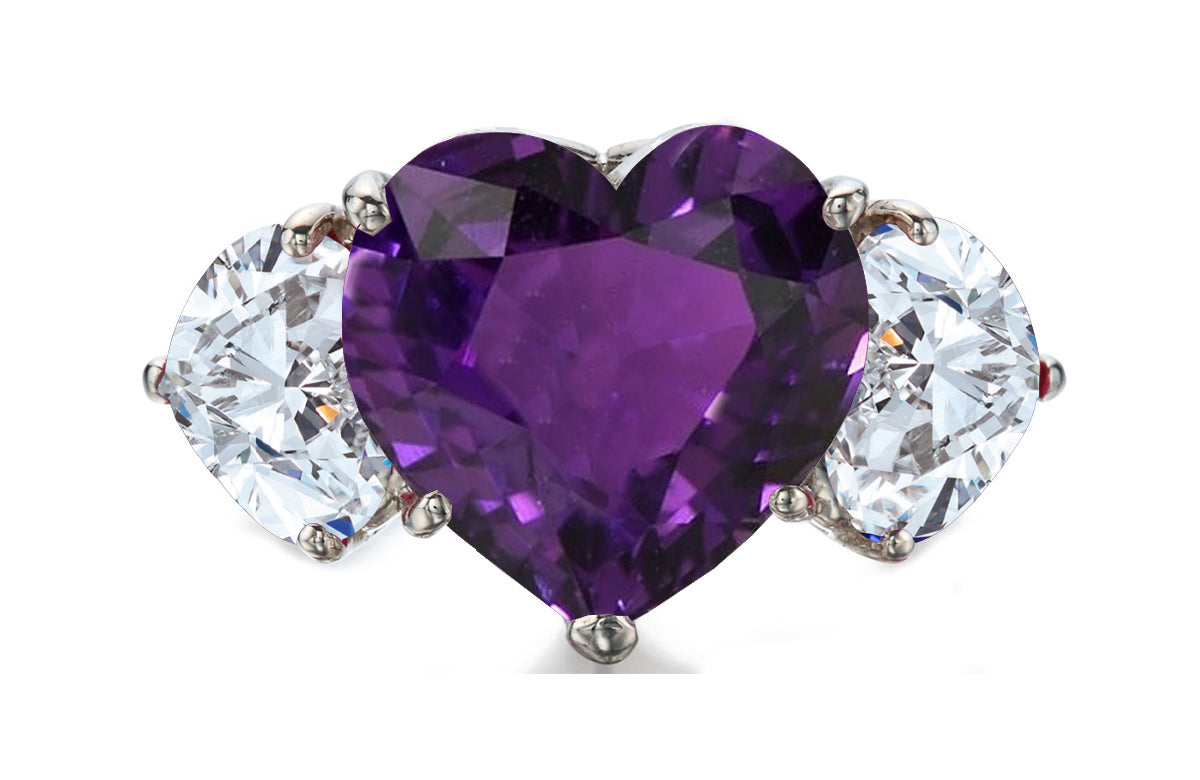 527 custom made unique heart purple sapphire center stone and heart diamond accent three stone engagement ring