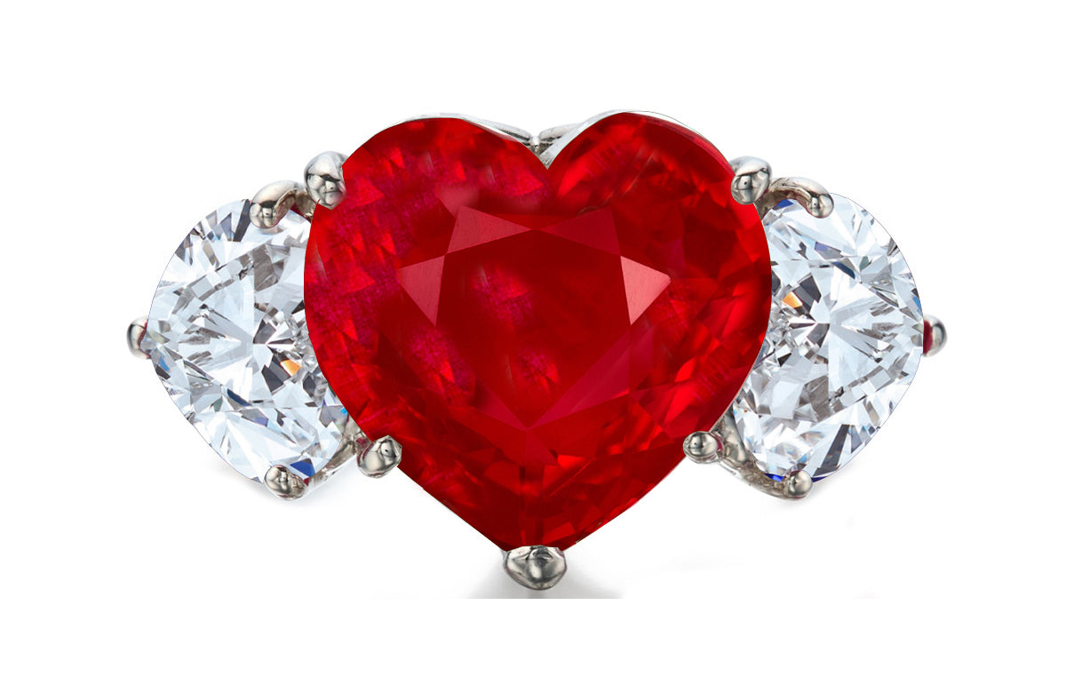 527 custom made unique heart ruby center stone and heart diamond accent three stone engagement ring