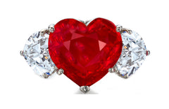 527 custom made unique heart ruby center stone and heart diamond accent three stone engagement ring